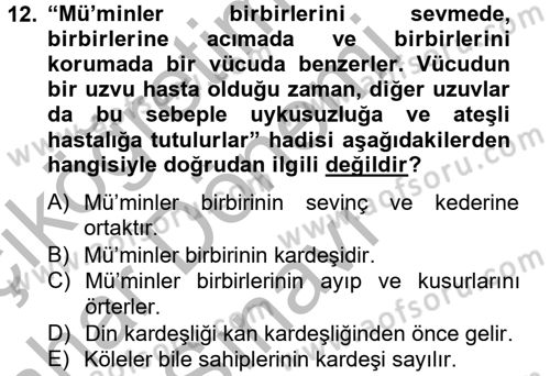 Hadis Dersi 2012 - 2013 Yılı (Final) Dönem Sonu Sınav Soruları 12. Soru