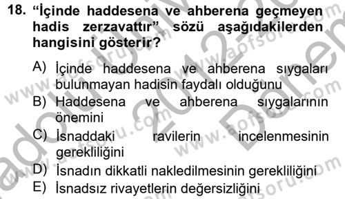 Hadis Dersi 2012 - 2013 Yılı (Final) Dönem Sonu Sınav Soruları 18. Soru