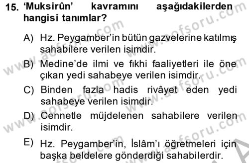 Hadis Dersi 2013 - 2014 Yılı (Vize) Ara Sınav Soruları 15. Soru