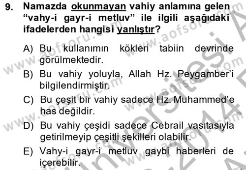 Hadis Dersi 2013 - 2014 Yılı (Vize) Ara Sınav Soruları 9. Soru