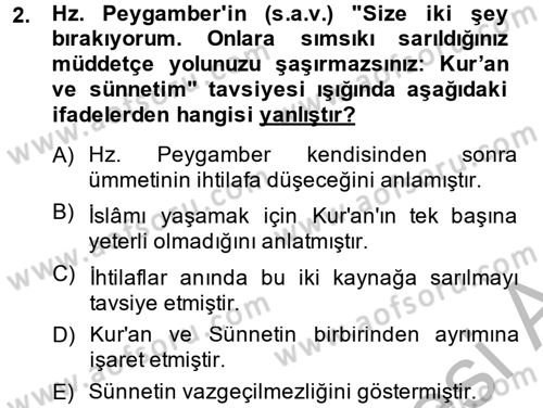 Hadis Dersi 2013 - 2014 Yılı (Final) Dönem Sonu Sınav Soruları 2. Soru