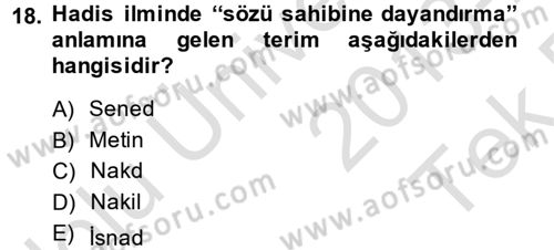 Hadis Dersi 2013 - 2014 Yılı Tek Ders Sınav Soruları 18. Soru