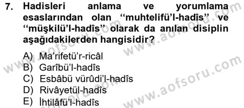 Hadis Dersi 2013 - 2014 Yılı Tek Ders Sınav Soruları 7. Soru