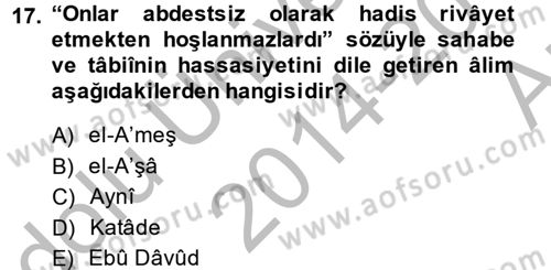 Hadis Dersi 2014 - 2015 Yılı (Vize) Ara Sınav Soruları 17. Soru