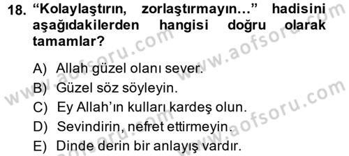 Hadis Dersi 2014 - 2015 Yılı (Vize) Ara Sınav Soruları 18. Soru