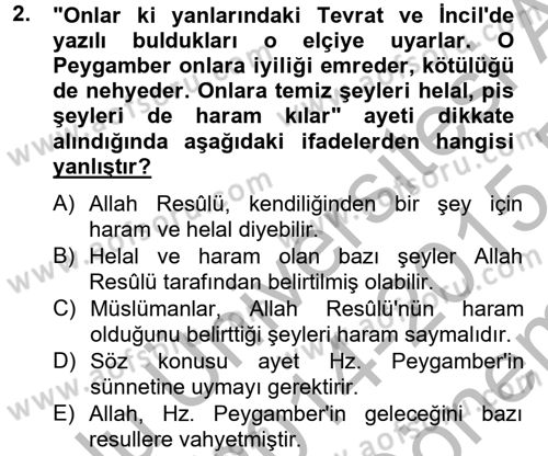 Hadis Dersi 2014 - 2015 Yılı (Final) Dönem Sonu Sınav Soruları 2. Soru