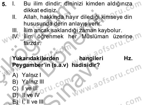 Hadis Dersi 2014 - 2015 Yılı (Final) Dönem Sonu Sınav Soruları 5. Soru