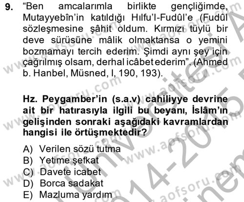 Hadis Dersi 2014 - 2015 Yılı (Final) Dönem Sonu Sınav Soruları 9. Soru