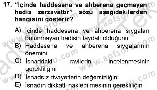 Hadis Dersi 2014 - 2015 Yılı Tek Ders Sınav Soruları 17. Soru