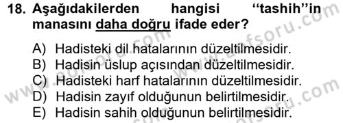 Hadis Dersi 2014 - 2015 Yılı Tek Ders Sınav Soruları 18. Soru