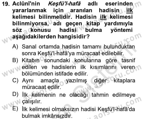 Hadis Dersi 2014 - 2015 Yılı Tek Ders Sınav Soruları 19. Soru
