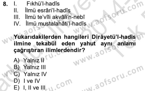 Hadis Dersi 2014 - 2015 Yılı Tek Ders Sınav Soruları 8. Soru
