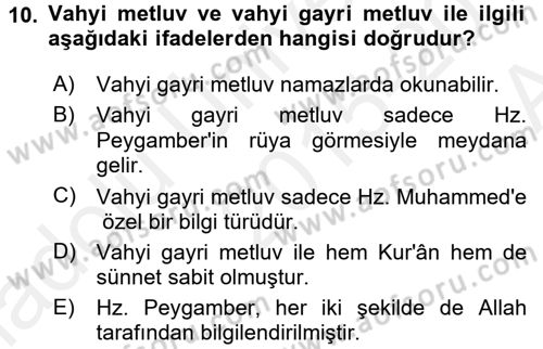 Hadis Dersi 2015 - 2016 Yılı (Vize) Ara Sınav Soruları 10. Soru