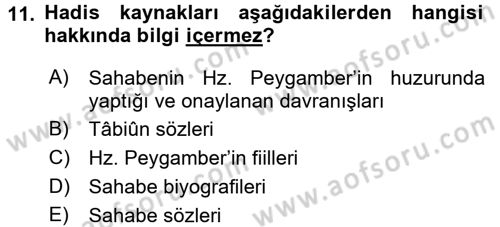 Hadis Dersi 2015 - 2016 Yılı (Vize) Ara Sınav Soruları 11. Soru