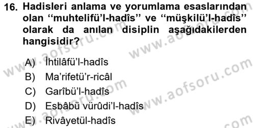 Hadis Dersi 2015 - 2016 Yılı (Vize) Ara Sınav Soruları 16. Soru