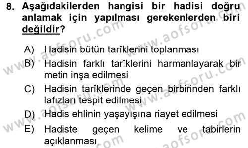 Hadis Dersi 2015 - 2016 Yılı (Vize) Ara Sınav Soruları 8. Soru