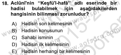 Hadis Dersi 2015 - 2016 Yılı (Final) Dönem Sonu Sınav Soruları 18. Soru