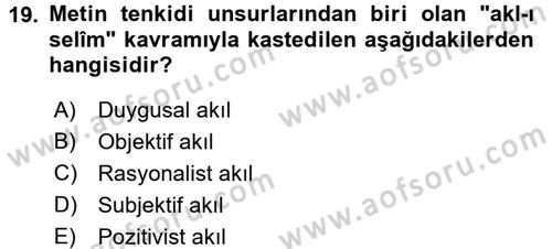 Hadis Dersi 2015 - 2016 Yılı (Final) Dönem Sonu Sınav Soruları 19. Soru