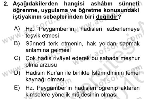 Hadis Dersi 2015 - 2016 Yılı (Final) Dönem Sonu Sınav Soruları 2. Soru