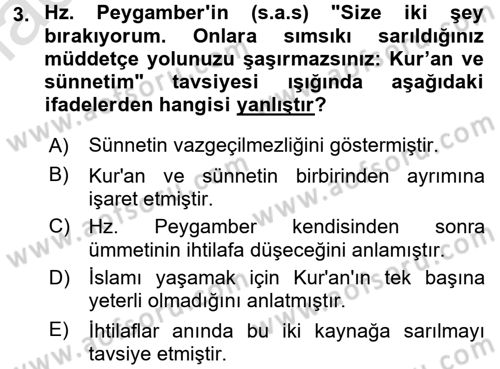 Hadis Dersi 2015 - 2016 Yılı (Final) Dönem Sonu Sınav Soruları 3. Soru