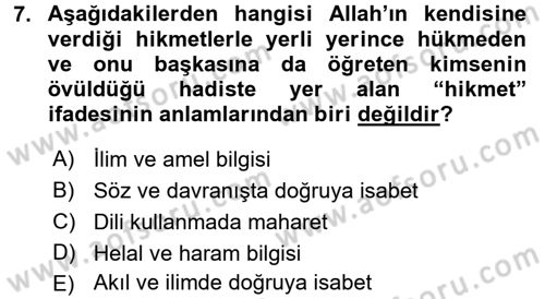 Hadis Dersi 2015 - 2016 Yılı (Final) Dönem Sonu Sınav Soruları 7. Soru