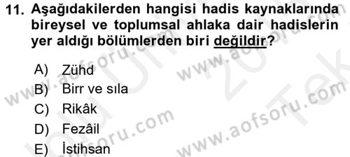 Hadis Dersi 2015 - 2016 Yılı Tek Ders Sınav Soruları 11. Soru