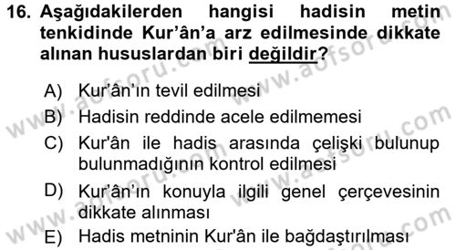 Hadis Dersi 2015 - 2016 Yılı Tek Ders Sınav Soruları 16. Soru