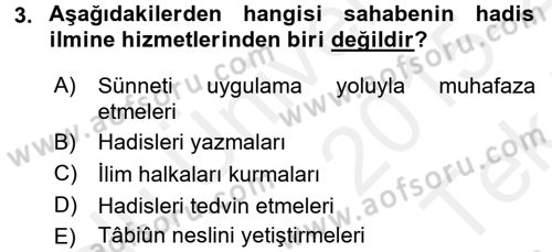Hadis Dersi 2015 - 2016 Yılı Tek Ders Sınav Soruları 3. Soru