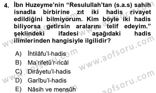 Hadis Dersi 2015 - 2016 Yılı Tek Ders Sınav Soruları 4. Soru