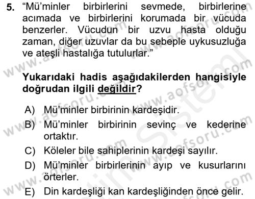 Hadis Dersi 2015 - 2016 Yılı Tek Ders Sınav Soruları 5. Soru