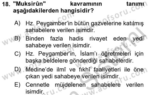 Hadis Dersi 2016 - 2017 Yılı (Vize) Ara Sınav Soruları 18. Soru