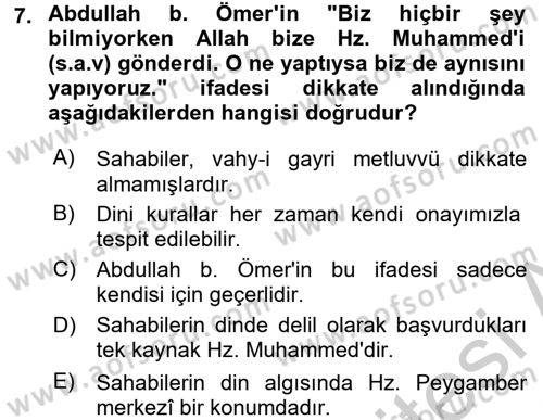 Hadis Dersi 2016 - 2017 Yılı (Vize) Ara Sınav Soruları 7. Soru