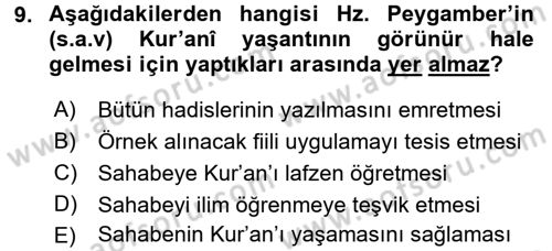 Hadis Dersi 2016 - 2017 Yılı (Vize) Ara Sınav Soruları 9. Soru