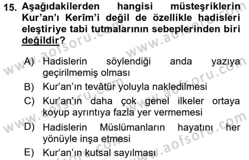 Hadis Dersi 2016 - 2017 Yılı (Final) Dönem Sonu Sınav Soruları 15. Soru