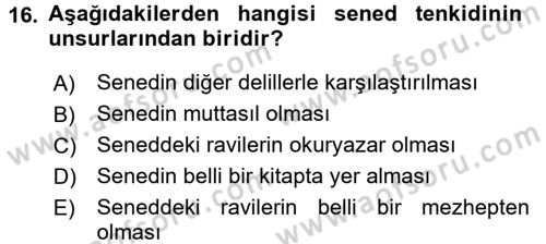 Hadis Dersi 2016 - 2017 Yılı (Final) Dönem Sonu Sınav Soruları 16. Soru