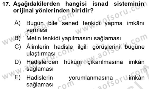 Hadis Dersi 2016 - 2017 Yılı (Final) Dönem Sonu Sınav Soruları 17. Soru