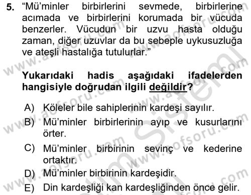 Hadis Dersi 2016 - 2017 Yılı (Final) Dönem Sonu Sınav Soruları 5. Soru