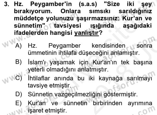 Hadis Dersi 2017 - 2018 Yılı 3 Ders Sınav Soruları 3. Soru