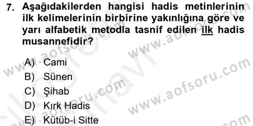 Hadis Dersi 2017 - 2018 Yılı 3 Ders Sınav Soruları 7. Soru