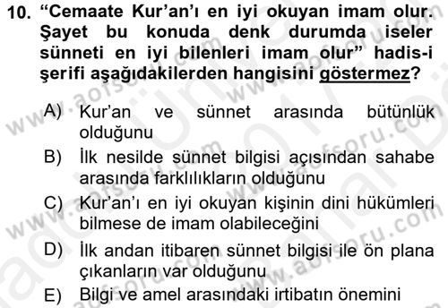 Hadis Dersi 2017 - 2018 Yılı (Vize) Ara Sınav Soruları 10. Soru