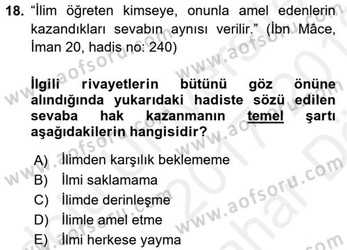Hadis Dersi 2017 - 2018 Yılı (Vize) Ara Sınav Soruları 18. Soru