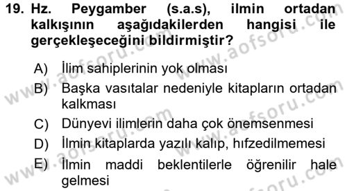 Hadis Dersi 2017 - 2018 Yılı (Vize) Ara Sınav Soruları 19. Soru