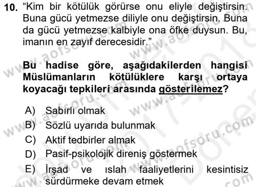Hadis Dersi 2017 - 2018 Yılı (Final) Dönem Sonu Sınav Soruları 10. Soru