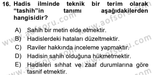 Hadis Dersi 2017 - 2018 Yılı (Final) Dönem Sonu Sınav Soruları 16. Soru
