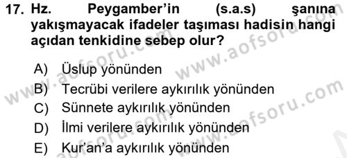 Hadis Dersi 2017 - 2018 Yılı (Final) Dönem Sonu Sınav Soruları 17. Soru