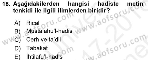 Hadis Dersi 2017 - 2018 Yılı (Final) Dönem Sonu Sınav Soruları 18. Soru