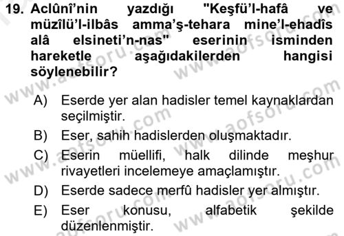 Hadis Dersi 2017 - 2018 Yılı (Final) Dönem Sonu Sınav Soruları 19. Soru