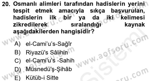 Hadis Dersi 2017 - 2018 Yılı (Final) Dönem Sonu Sınav Soruları 20. Soru