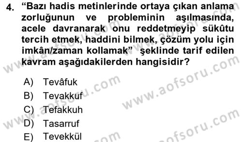 Hadis Dersi 2017 - 2018 Yılı (Final) Dönem Sonu Sınav Soruları 4. Soru