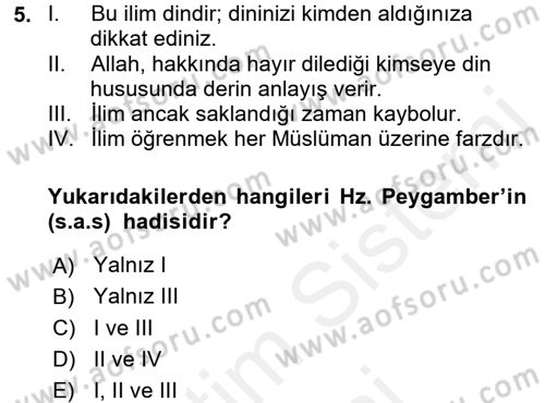 Hadis Dersi 2017 - 2018 Yılı (Final) Dönem Sonu Sınav Soruları 5. Soru